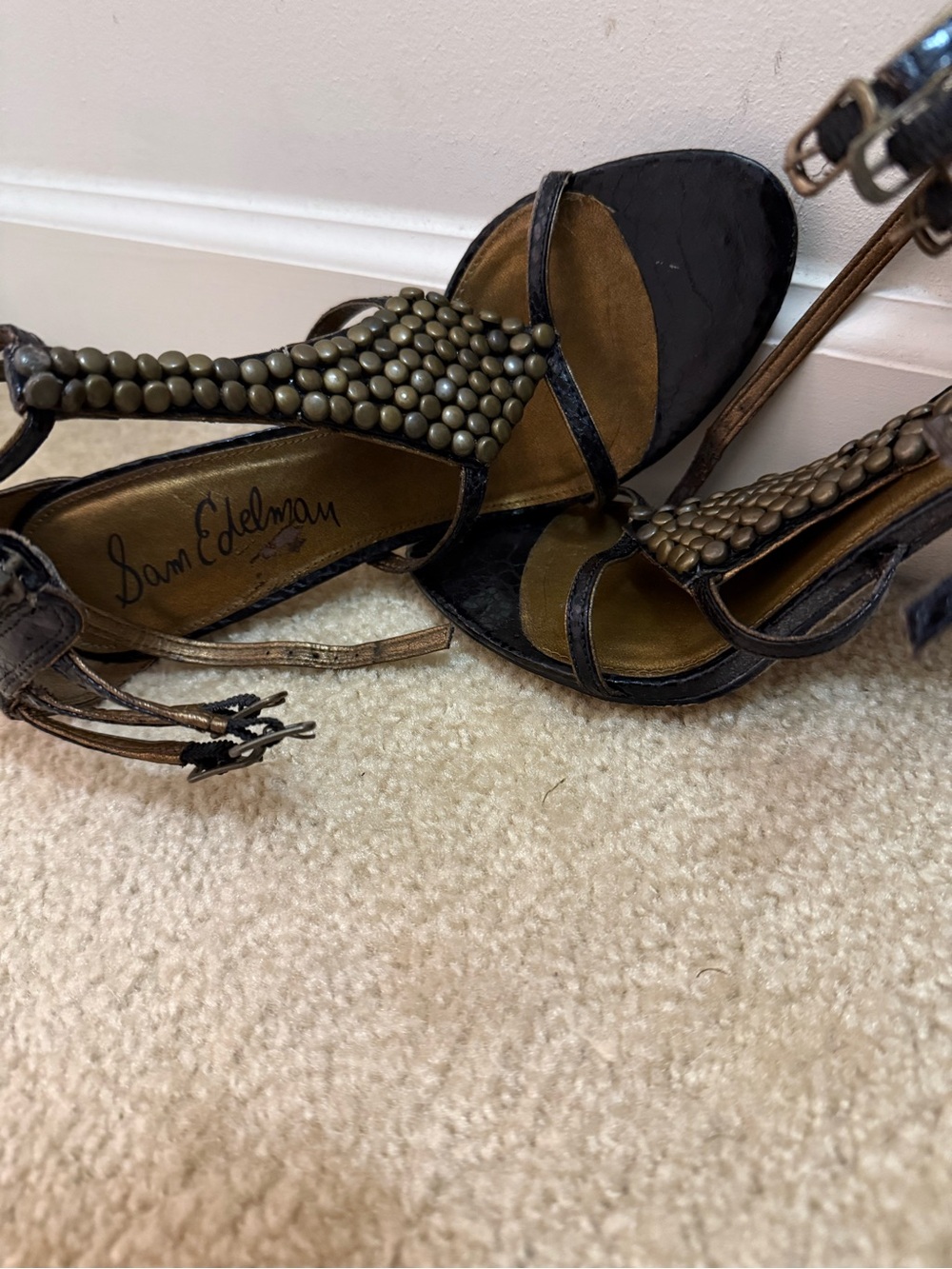 Sam Edelman Black Beaded T-Strap Heels